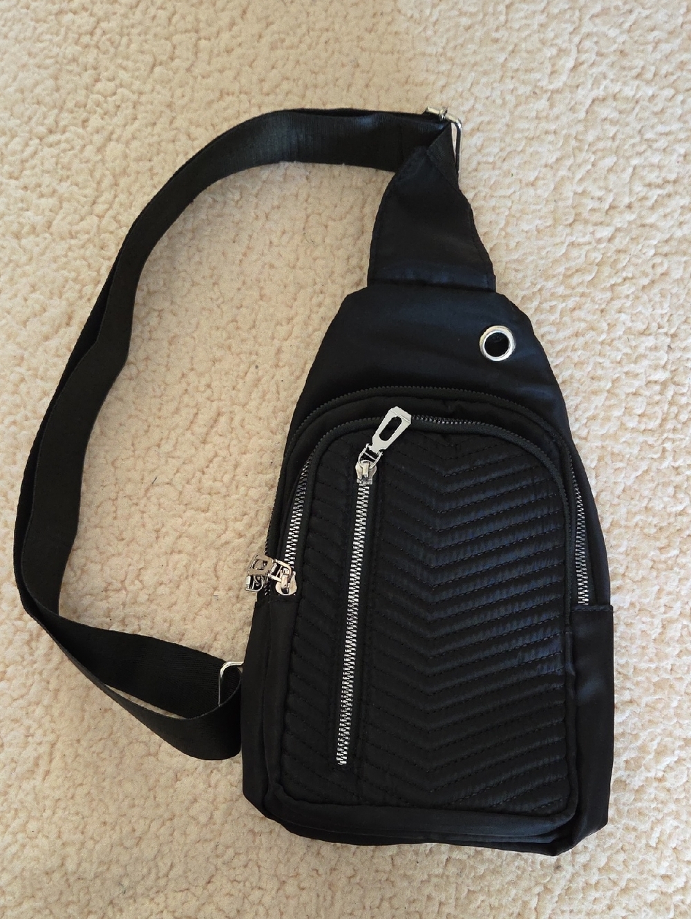 Black Quilted Crossbody Sling Bag with Silver Zippers